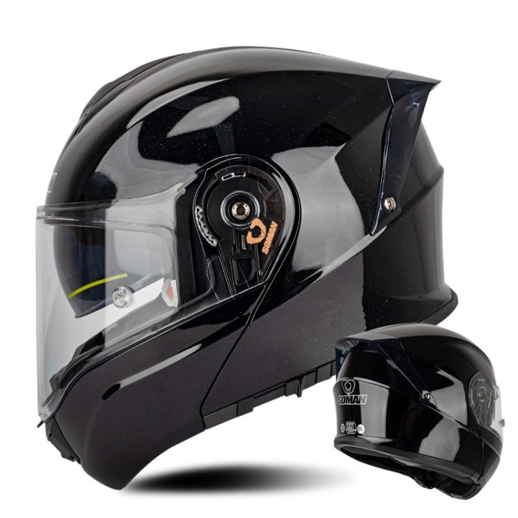 SOMAN Racing Motorcycle Double Lens Riding Safety Helmet, Size: XL(Bright Black)