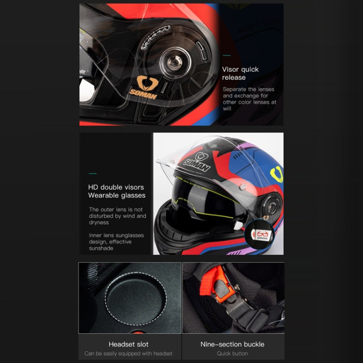 SOMAN Racing Motorcycle Double Lens Riding Safety Helmet, Size: M(Silver Gray Black Vision)