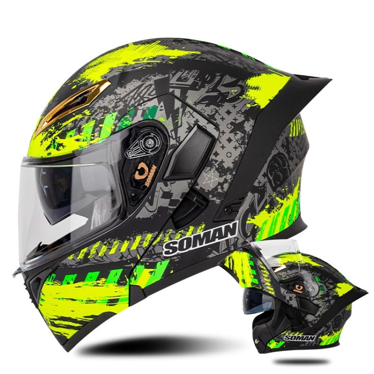 SOMAN Motorcycle Dual Lens Riding Peel-Off Full Coverage Helmet, Size: S(Black Fluorescent Yellow Spark)