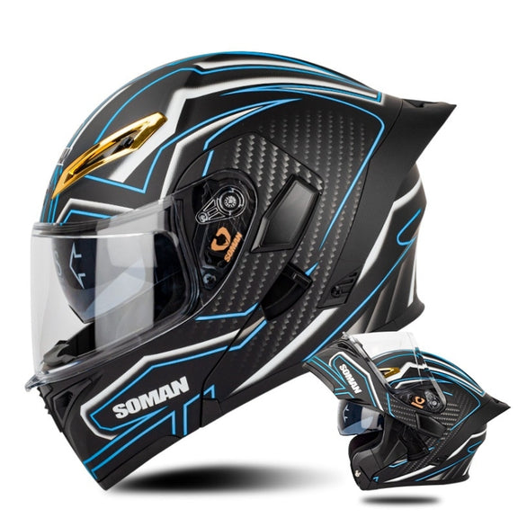 SOMAN Motorcycle Dual Lens Riding Peel-Off Full Coverage Helmet, Size: M(Matt Black Blue)
