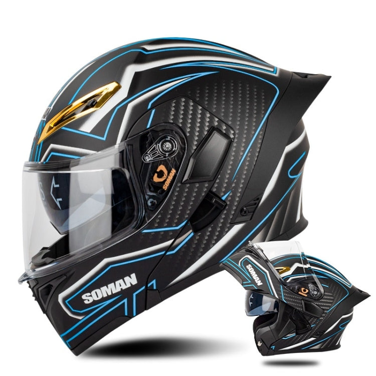 SOMAN Motorcycle Dual Lens Riding Peel-Off Full Coverage Helmet, Size: L(Matt Black Blue)