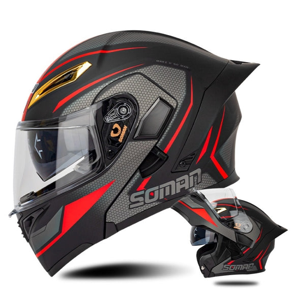SOMAN Motorcycle Dual Lens Riding Peel-Off Full Coverage Helmet, Size: L(Black Red Track)
