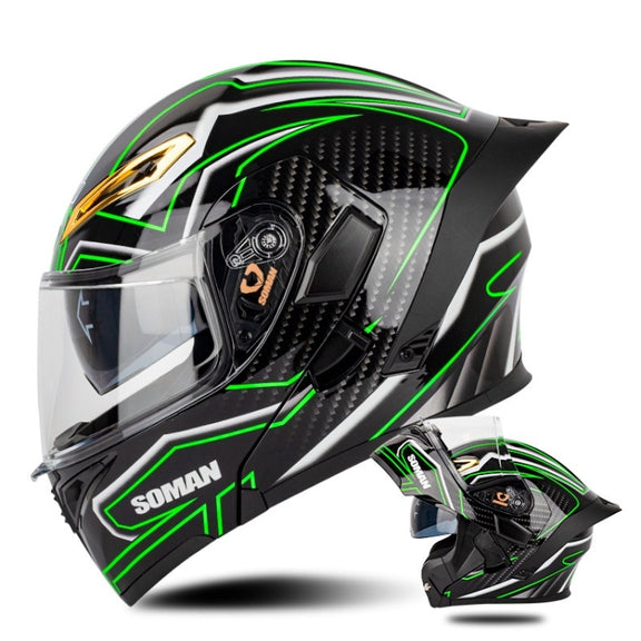 SOMAN Motorcycle Dual Lens Riding Peel-Off Full Coverage Helmet, Size: XL(Bright Black Green)
