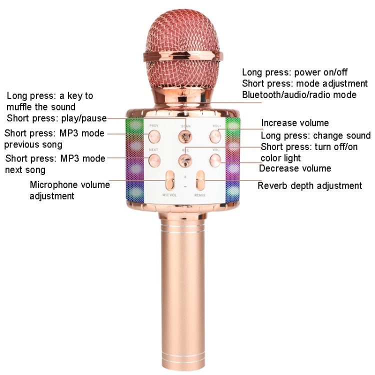 WS-858L LED Light Flashing Wireless Capacitance Microphone Comes With Audio Mobile Phone Bluetoon Live Microphone(Gold)