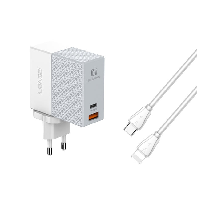 LDNIO A2620C 65W USB+Type-C/USB-C Port Dual Port Universal Phone Tablet Travel Charger(EU Plug+Type-C to 8 Pin)