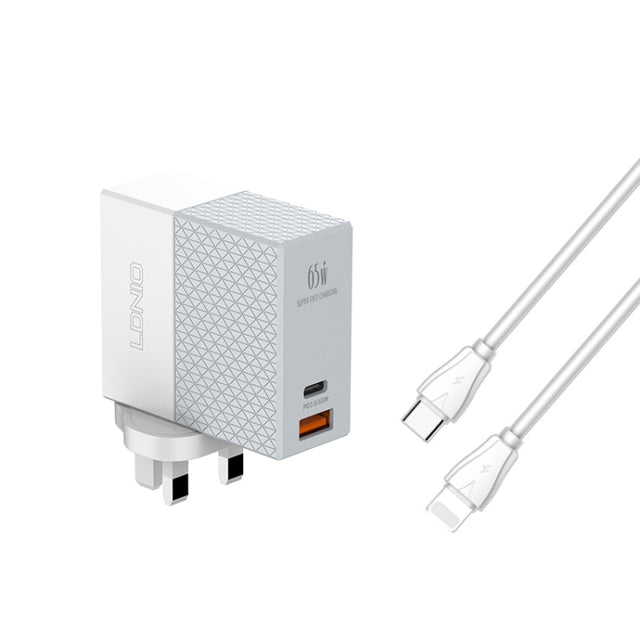 LDNIO A2620C 65W USB+Type-C/USB-C Port Dual Port Universal Phone Tablet Travel Charger(UK Plug+Type-C to 8 Pin)