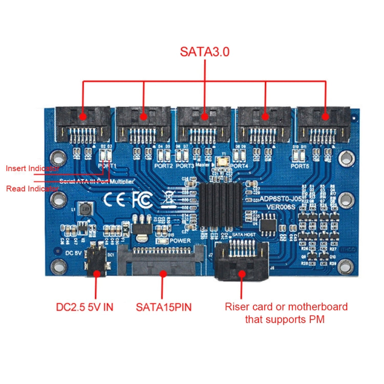 SATA2.0 3Gbps JMB321 Chip SATA Expansion Card 1 to 5 Port Riser Card