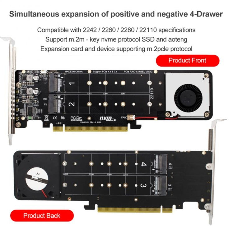PCI-E X16 to M.2 M-key NVME X4 SSD RAID Array Expansion Adapter Support 2242/2260/2280/22110(PH44Plus)