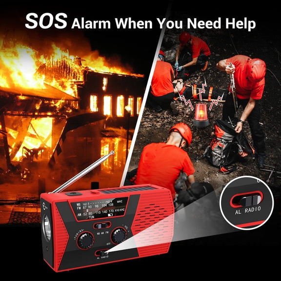 AM/FM/NoAA 2000mAh Emergency Radio Portable Hand Crank Solar Powered Radio(Red)
