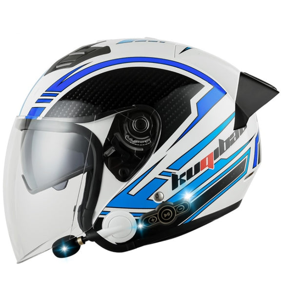 KUQIBAO Motorcycle Smart Bluetooth Sun Protection Double Lens Safety Helmet, Size: XL(White Phantom Fiber+Black Tail)