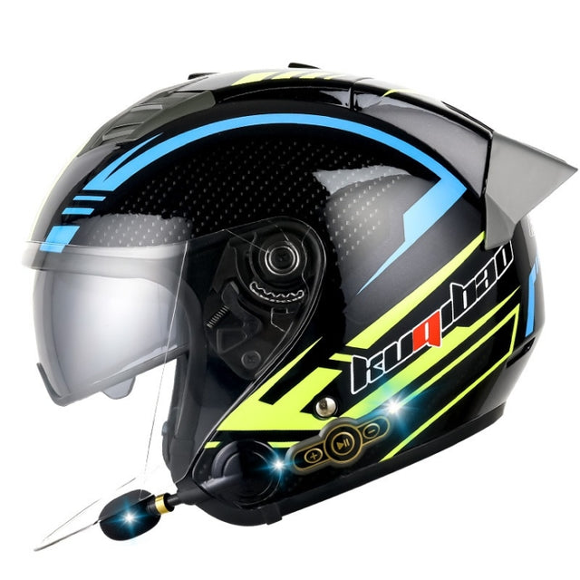 KUQIBAO Motorcycle Smart Bluetooth Sun Protection Double Lens Safety Helmet, Size: XL(Bright Black Phantom Fiber+Gray Tail)
