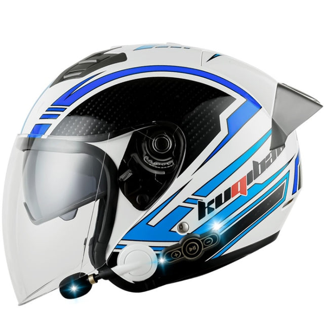 KUQIBAO Motorcycle Smart Bluetooth Sun Protection Double Lens Safety Helmet, Size: XXL(White Phantom Fiber+Gray Tail)