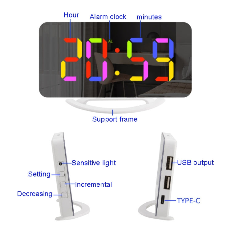 TS-8201 LED Digital Mirror Alarm Clock Big Screen Dual USB Desktop Table Clock, Color: Black Shell White Light