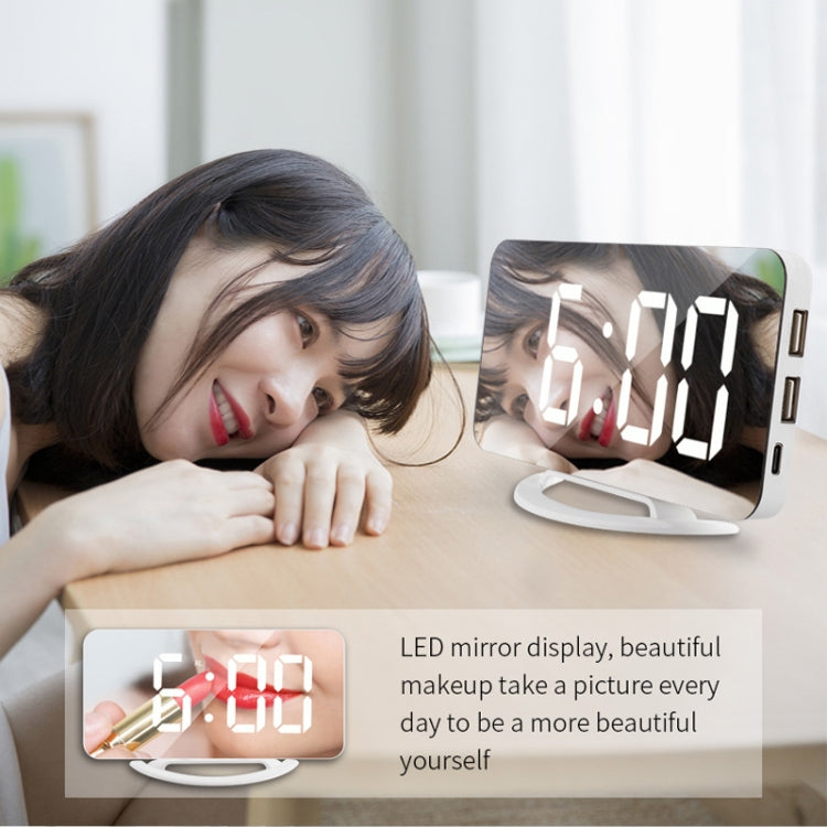 TS-8201 LED Digital Mirror Alarm Clock Big Screen Dual USB Desktop Table Clock, Color: RGB Display White Shell