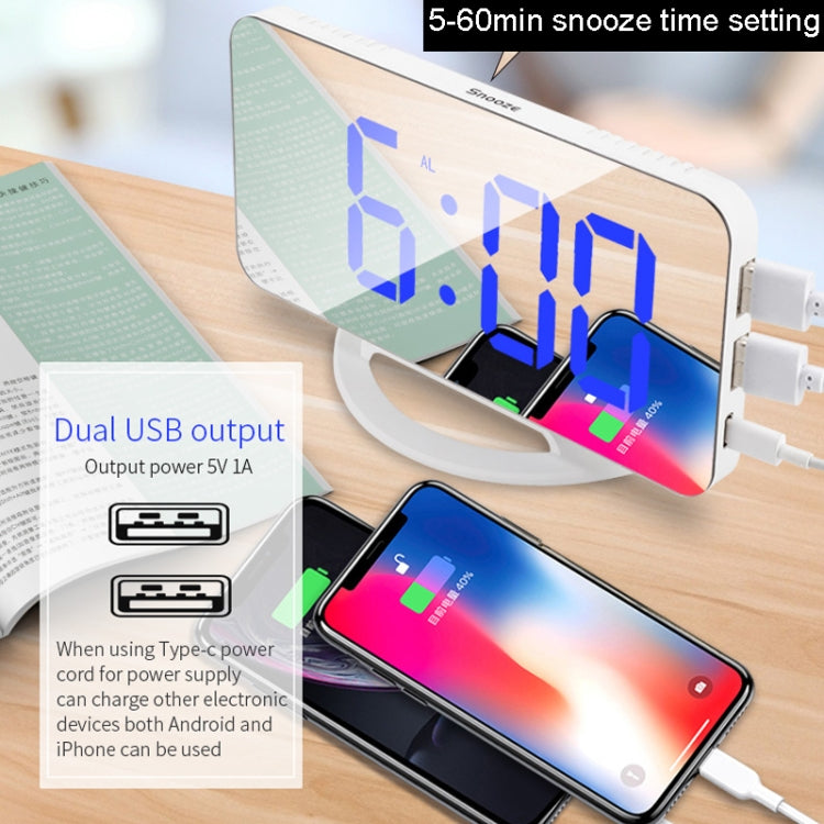 TS-8201 LED Digital Mirror Alarm Clock Big Screen Dual USB Desktop Table Clock, Color: White Shell Red Light