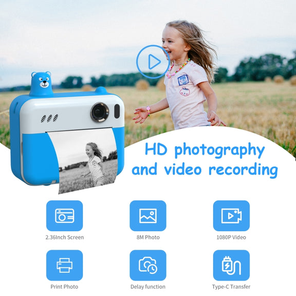 IPS 2.36 inch LED HD Display 1080P Childrens Camera Thermal Printing Instant Camera(Yellow)
