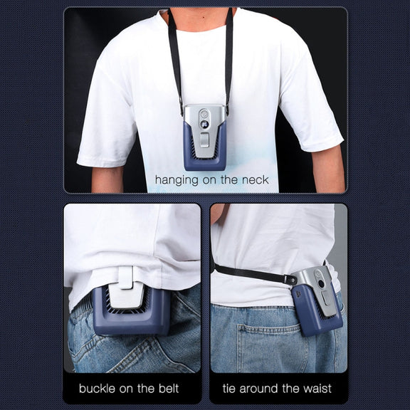 Outdoor Portable Waist High Wind Leafless Hanging Neck Fan With Power Function(Time Wind Blue)