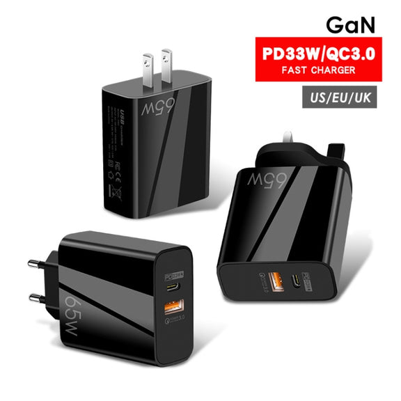 A502 65W USB-C/Type-C+USB Dual Port GaN Charger QC3.0 Laptop Universal Charger EU Plug Black