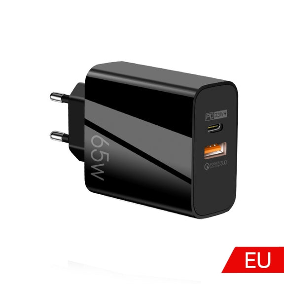 A502 65W USB-C/Type-C+USB Dual Port GaN Charger QC3.0 Laptop Universal Charger EU Plug Black