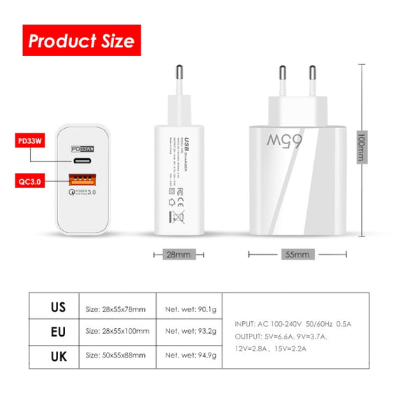 A502 65W USB-C/Type-C+USB Dual Port GaN Charger QC3.0 Laptop Universal Charger US Plug Black