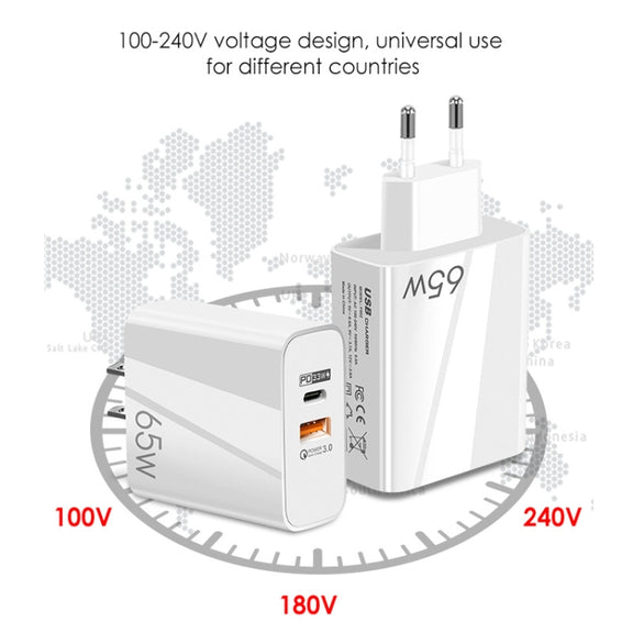 A502 65W USB-C/Type-C+USB Dual Port GaN Charger QC3.0 Laptop Universal Charger EU Plug Black