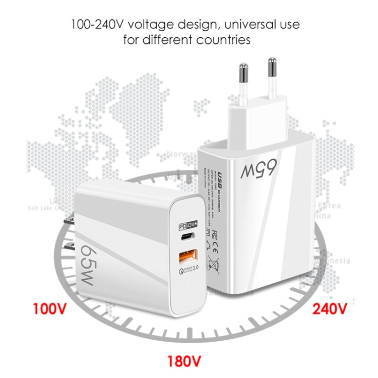 A502 65W USB-C/Type-C+USB Dual Port GaN Charger QC3.0 Laptop Universal Charger EU Plug White