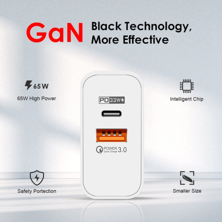 A502 65W USB-C/Type-C+USB Dual Port GaN Charger QC3.0 Laptop Universal Charger US Plug Black