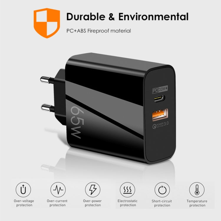 A502 65W USB-C/Type-C+USB Dual Port GaN Charger QC3.0 Laptop Universal Charger US Plug Black