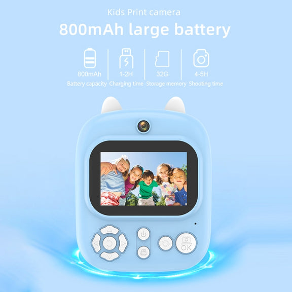 1200W Pixel  2.4 Inch Display Children Print Instant Camera 32G+Card Reader  Pink