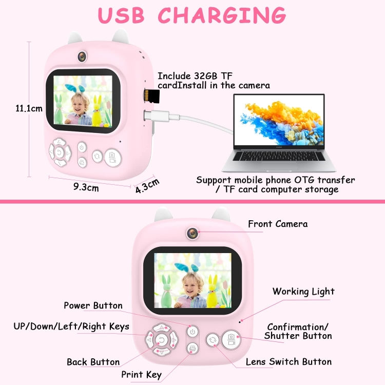 1200W Pixel  2.4 Inch Display Children Print Instant Camera 32G+Card Reader  Pink