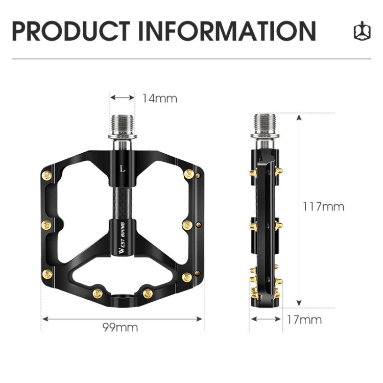 WEST BIKING 3 Bearings Ultralight Carbon Fiber Bushing Mountain Bike Pedal(Titanium)