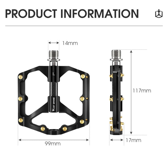 WEST BIKING 3 Bearings Ultralight Carbon Fiber Bushing Mountain Bike Pedal(Titanium)