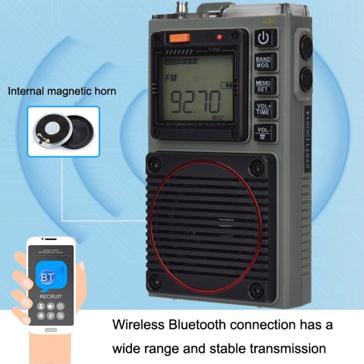 HanRongda HRD-787 High Performance Full Band Portable Bluetooth Card SOS Warning LED Lighting Radio(Green)