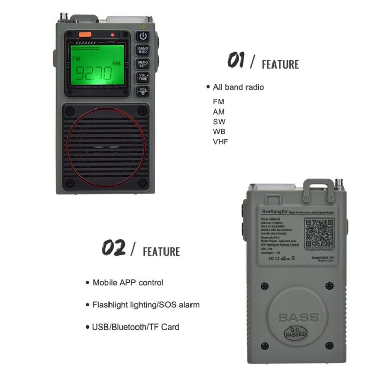 HanRongda HRD-787 High Performance Full Band Portable Bluetooth Card SOS Warning LED Lighting Radio(Green)