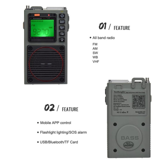 HanRongda HRD-787 High Performance Full Band Portable Bluetooth Card SOS Warning LED Lighting Radio(Green)