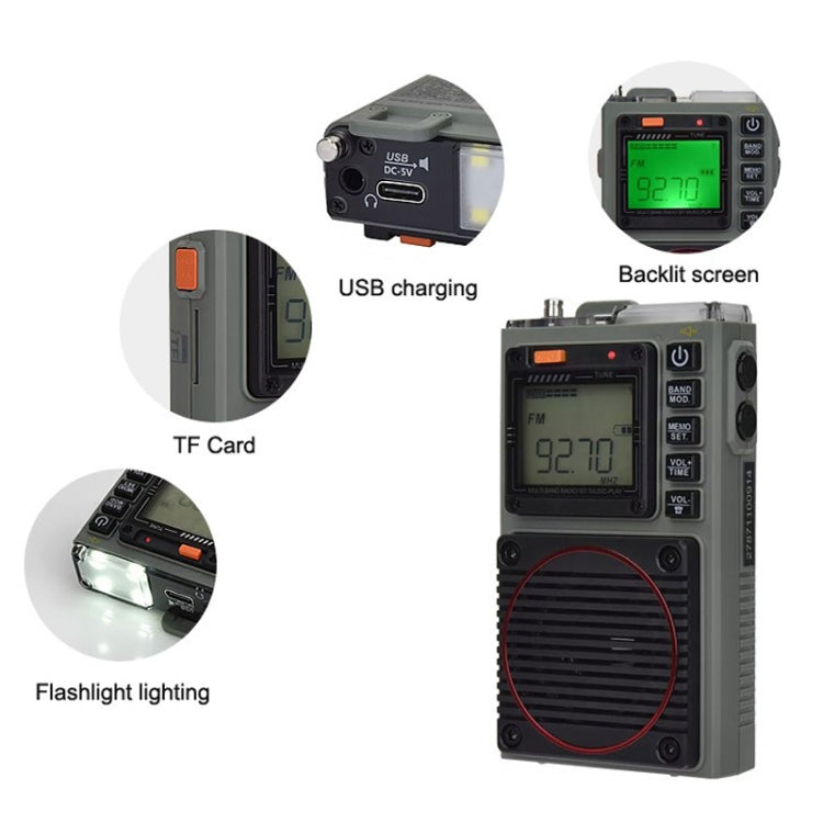 HanRongda HRD-787 High Performance Full Band Portable Bluetooth Card SOS Warning LED Lighting Radio(Green)