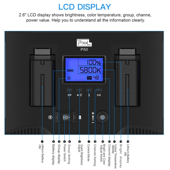 Pixel P50 Dual Color Temperature Flat Panel Fill Light 45W Soft Outdoor Shooting Fill Light For Straight Photography(Lamp+UK Plug Adapter)