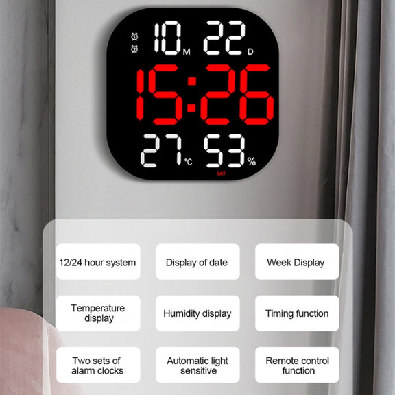13-Inch LED Acrylic Electronic Clock Large-Screen Square Wall Clock With Timing Temperature Humidity(6632 White Orange)