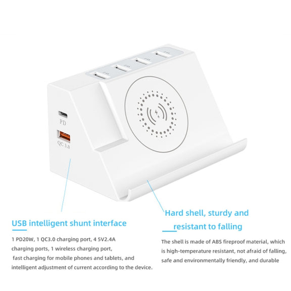 PD 20W +QC 3.0 Wireless Charging+6 Ports Multi-function Charger(UK Plug)