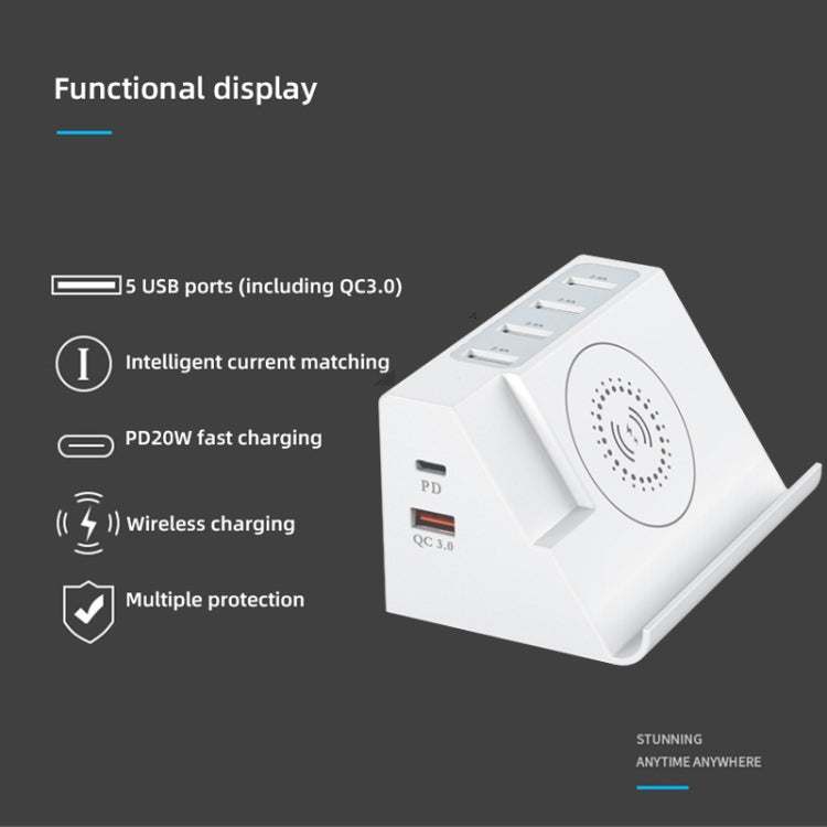 PD 20W +QC 3.0 Wireless Charging+6 Ports Multi-function Charger(UK Plug)