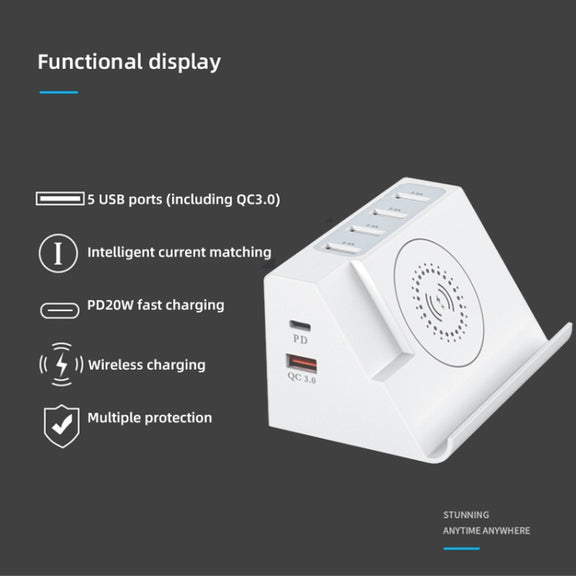 PD 20W +QC 3.0 Wireless Charging+6 Ports Multi-function Charger(UK Plug)
