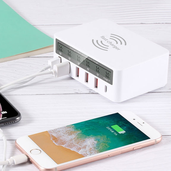 818F 5 USB Ports + Type-C Multifunctional Multi-Port Wireless Charger, Style: US Plug (White)