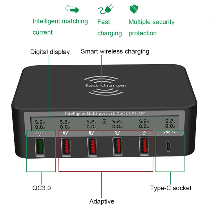 818F 5 USB Ports + Type-C Multifunctional Multi-Port Wireless Charger, Style: US Plug (White)