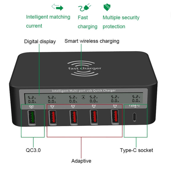 818F 5 USB Ports + Type-C Multifunctional Multi-Port Wireless Charger, Style: UK Plug (White)