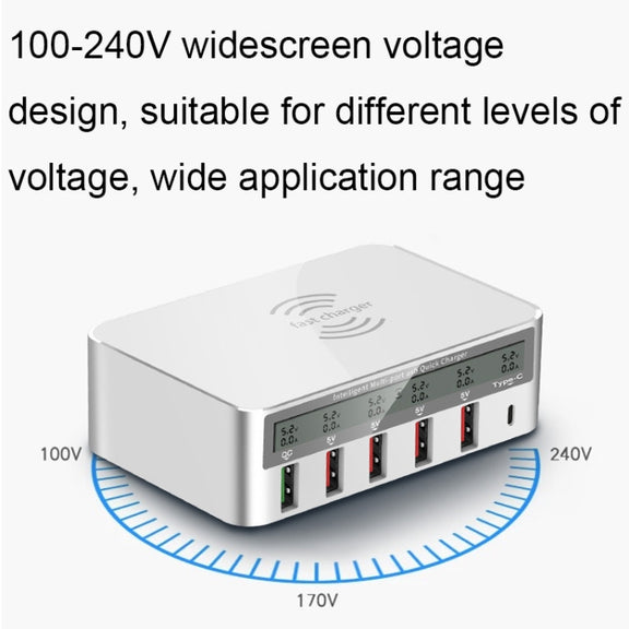 818F 5 USB Ports + Type-C Multifunctional Multi-Port Wireless Charger, Style: US Plug (White)