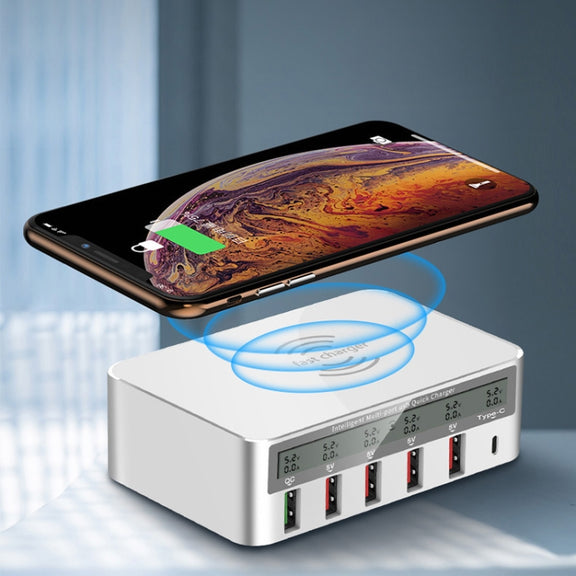 818F 5 USB Ports + Type-C Multifunctional Multi-Port Wireless Charger, Style: US Plug (White)