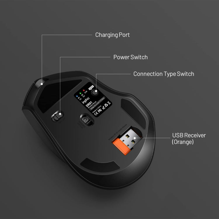 Inphic DR01 Bluetooth 3 Mode Wireless Mouse Charging Quiet Office Game Laptop Computer Home Use(Black)