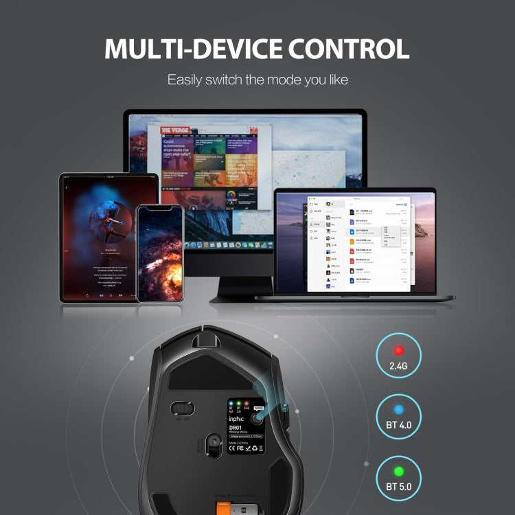Inphic DR01 Bluetooth 3 Mode Wireless Mouse Charging Quiet Office Game Laptop Computer Home Use(Black)