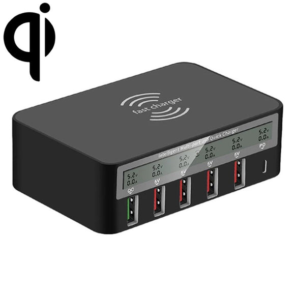 818PF 5 USB Ports + Type-C Smart Digital Display Wireless Phone Charger, Style: AU Plug (Black)