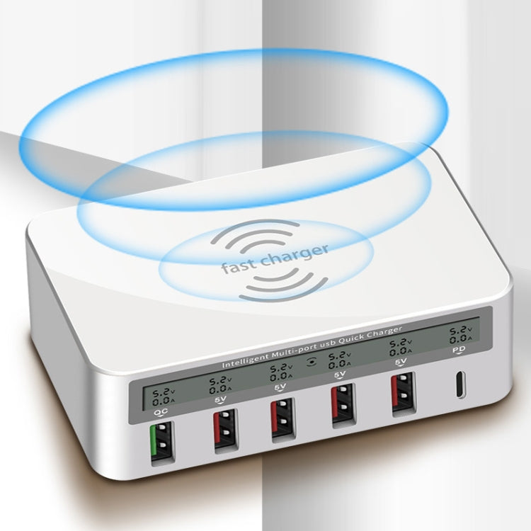 818PF 5 USB Ports + Type-C Smart Digital Display Wireless Phone Charger, Style: US Plug (Black)